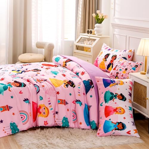 GRAT TIOC 6 Pieces Pink Princess Comforter Set for Girls Twin,Bed in A Bag Princess Bedding Set for Girl Kids (1 Comforter,1 Flat Sheet,1 Fitted Sheet,2 Pillowcases and 1 Cushion Cover) GRAT TIOC