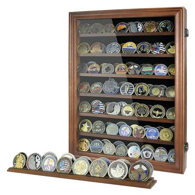 DecoWoodo 7 Rows Challenge Coin Display Case - Holds 100 Coins, Solid Wood Military Coin Holder Display Cabinet with HD Glass, Wall Mountable Shadow