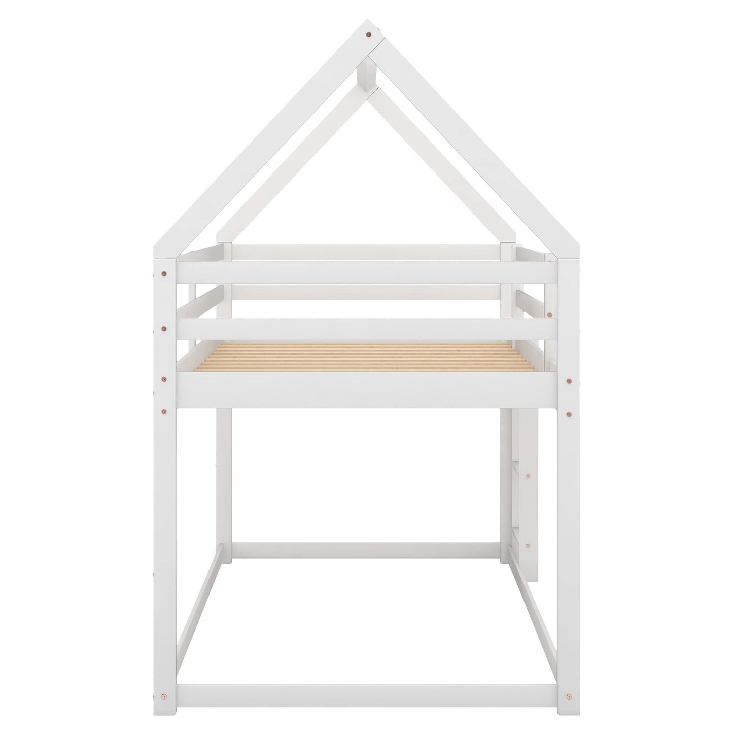 LOSTCAT House-Shaped Twin Over Twin Low Bunk Bed Frame in White – Solid Pine Wood with Safety Guardrail & Ladder - WoodArtSupply