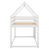 Bellemave Low Twin Over Twin House Bunk Bed for Kids - Solid White Wood with Ladder and Guardrails Bellemave