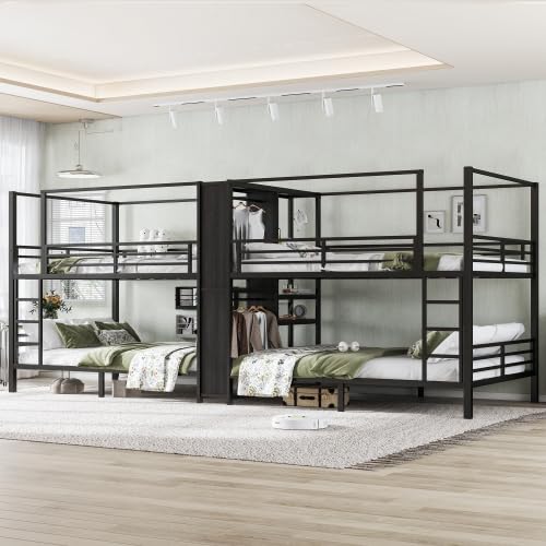 Queen Size Quadruple Metal Bunk Bed with Wardrobe & Storage Shelves, Quadruple Metal Bunk Bed Frame with Noise-Reduced Design (Black/Queen) MERITLINE