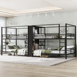 Queen Size Quadruple Metal Bunk Bed with Wardrobe & Storage Shelves, Quadruple Metal Bunk Bed Frame with Noise-Reduced Design (Black/Queen) MERITLINE