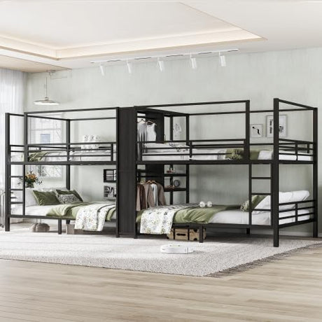 Queen Size Quadruple Metal Bunk Bed with Wardrobe & Storage Shelves, Quadruple Metal Bunk Bed Frame with Noise-Reduced Design (Black/Queen) MERITLINE