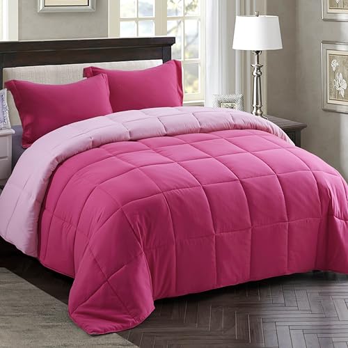 HIG 3pc Pink Queen Size Comforter Set - All Season Reversible Down Alternative Bedding Comforter Set - Quilted Duvet Insert with Corner Tabs - Box Stitched Blanket - Breathable, Soft, Fluffy HIG