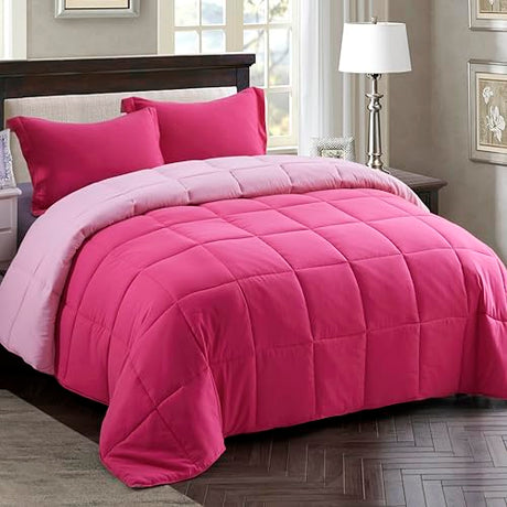 HIG 3pc Pink Twin/Twin XL Comforter Set - All Season Reversible Down Alternative Bedding Comforter - Quilted Duvet Insert with Corner Tabs - Box Stitched Blanket - Breathable, Soft, Fluffy HIG