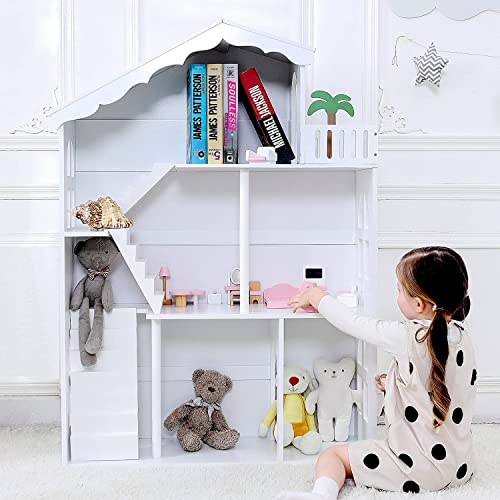 White Wooden Dollhouse Bookcase – Multi-Functional Toy and Book Storage Organizer for Kids WODENY