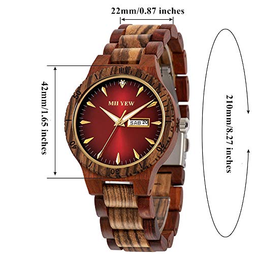 MII YEW Men's Wooden Watch Lightweight Analog Quartz Handmade Wood Watches Red Dial with Date MII YEW