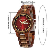 MII YEW Men's Wooden Watch Lightweight Analog Quartz Handmade Wood Watches Red Dial with Date MII YEW