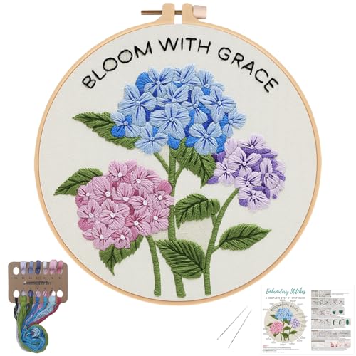 Nuberlic Hydrangea Embroidery Kits for Beginner Adults Cross Stitch Kit with Stamped Pattern Include Cloth Hoops Threads Needles