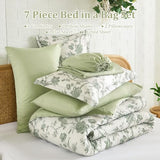 Luxudecor Floral King Comforter Set 7 Pieces Bed in a Bag, Sage Green Flower with Bird Bedding Set, Soft Reversible Comforter with Sheet Set 104"x90" Luxudecor