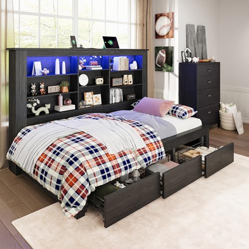 Jocisland Twin Bed Frame with Storage Drawers, Bookcase Headboard, USB Charging, RGB Lights, Farmhouse Wood Daybed, No Box Spring Needed, Black Jocisland