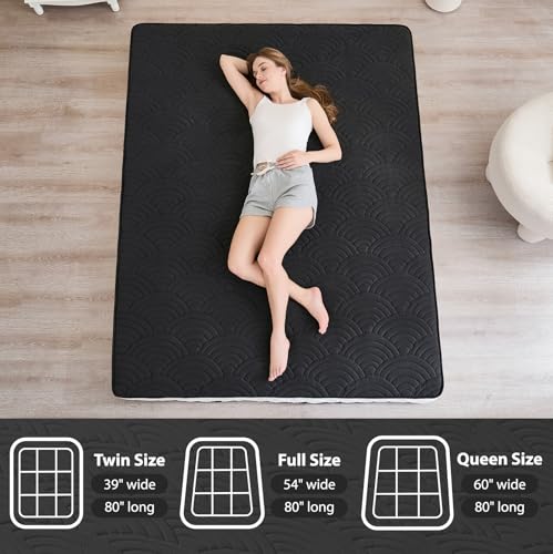 Zelladorra Japanese Floor Mattress, Quilted Futon Mattress with Anti-Slip Bottom, Foldable Floor Bed with Storage Bag and Straps, (Black, Twin) Zelladorra