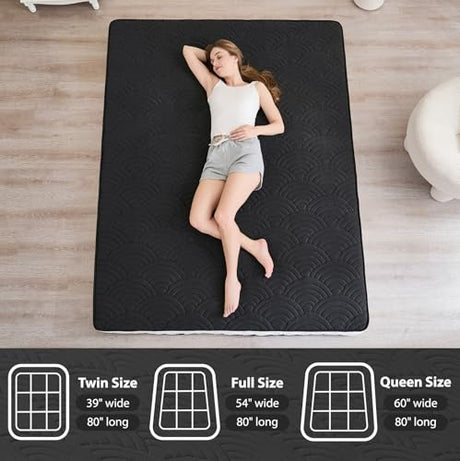 Zelladorra Japanese Floor Mattress, Quilted Futon Mattress with Anti-Slip Bottom, Foldable Floor Bed with Storage Bag and Straps, (Black, Twin) Zelladorra