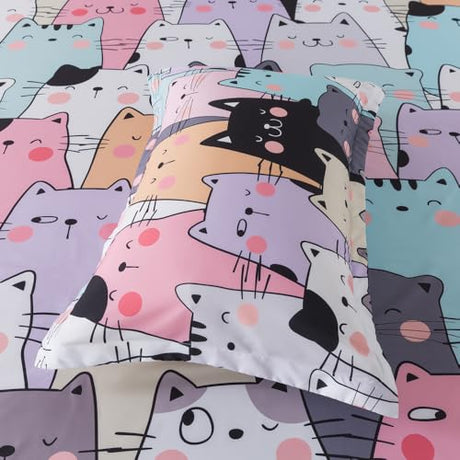 ADASMILE A & S Kids Cat Sheets Full Size for Girls Kawaii Cat Bedding Sets Including 1 Fitted Sheet 1 Flat Sheet 2 Pillowcases Kitten Animals Printed Bed Set Soft Microfiber All Season Home Decor ADASMILE A & S