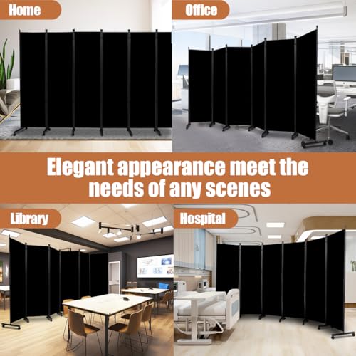 Room Divider Folding Privacy Screens with Wheels, 6FT Tall Divider for Room Separation, Movable Room Partitons and Dividers, Indoor Room Dividers Panel with Fabric (Black, 6 Panel-132‘’-Wheels) HOMSCREENER