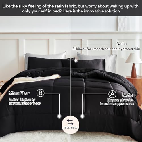MR&HM Twin XL Comforter Set Black, Reversible Satin Microfiber Comforter Set for All Seasons, 2 Pieces Non-Slip Silky Soft Bedding Sets with 1 Comforter (68"x92") and 1 Pillowcase (20"x26") MR&HM