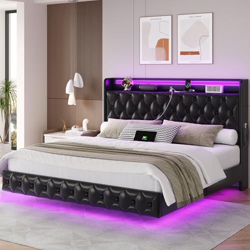 Keyluv King Floating Bed Frame with LED Lights & Charging Station, Upholstered PU Leather Platform Bed with Button Tufted Storage Headboard, No Box Spring Needed, Noise-Free, Easy Assembly, Black Keyluv