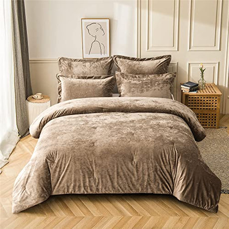 Fredsure Distressed Velvet Comforter Set, 5 Pieces Khaki King, Distressed Velvet Face and Brushed Microfiber Reverse Fredsure