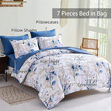 WONGS BEDDING Blue Comforter Set Full, 7 Pieces Botanical l Reversible Bed in a Bag Golden Blue Leaves Bedding Set Soft Microfiber (1 Comforter,2 Pillowcase,2 Pillow Shams,1 Flat Sheet,1 Fitted Sheet) WONGS BEDDING