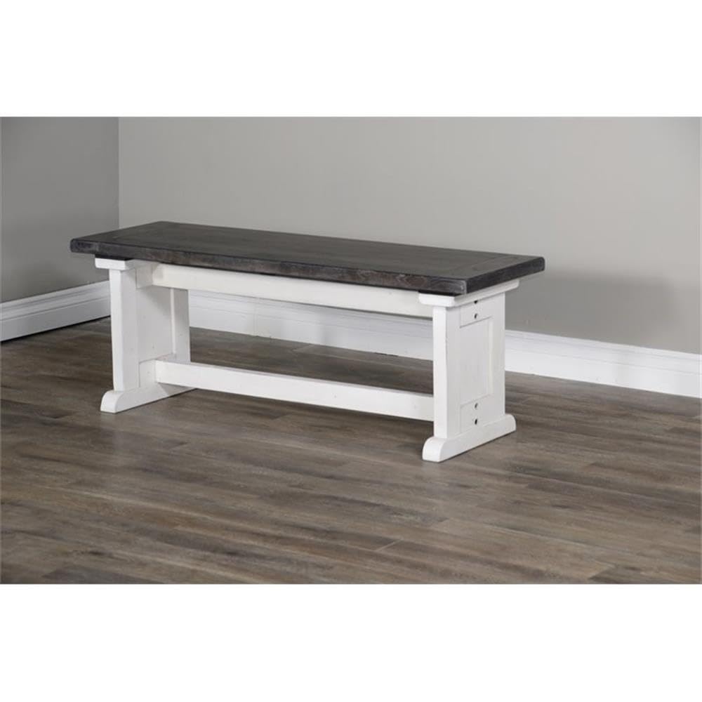 Pemberly Row Farmhouse Wood Side Bench in Off White Dark Brown, Solid Wood, Sturdy and Durable, Kitchen or Dining Seating, Farmhouse Style, Rustic Design Pemberly Row