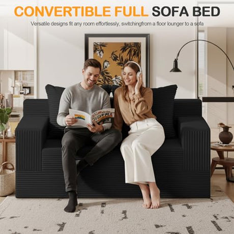 Erament Loveseat Boneless Convertible Sofa Bed, Folding Floor Futon Sleeper Sofa Couch Bed- Boneless Foldable Couch, Corduroy Pull Out Sofa Bed with 2 Pillows for Living Room & Bedroom Erament