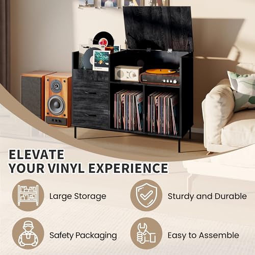 BIZOEIRON Record Player Stand with Flip-Top & Drawers, Vinyl Storage Cabinet with Outlet, Wood Media Console Table for Vinyl Records Storage, Assembly Required, Black BIZOEIRON