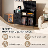 BIZOEIRON Record Player Stand with Flip-Top & Drawers, Vinyl Storage Cabinet with Outlet, Wood Media Console Table for Vinyl Records Storage, Assembly Required, Black BIZOEIRON