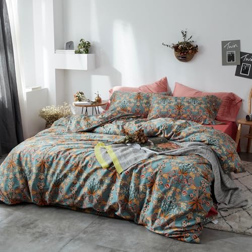 mixinni Vintage Style Garden Flower Duvet Cover Set with Zipper Closure Long Staple Percale Cotton Yellow Vibrant Pattern on Bedding Quilt Cover Set(California King, All Season) mixinni