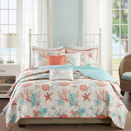 Madison Park Quilt Set Cottage Coastal Design, Starfish Print - All Season, Coverlet Bedspread Lightweight Bedding Layer, Shams, Toss Pillows, Full/Queen(90"x90"), Pebble Beach Coral 6 Piece Madison Park