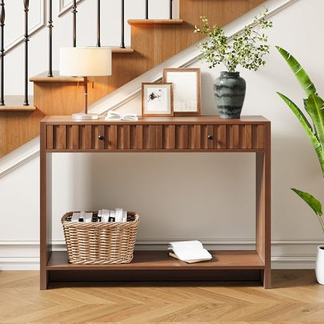 RUSTYER Console Table with Drawers, Narrow Mid-Century Fluted Entryway Table Sofa Table with Storage Shelf, Wood Entry Table Accent Behind Couch Table for Entrance, Hallway, Living Room (Walnut) RUSTYER