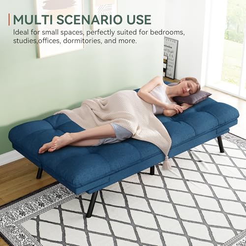 Opoiar Convertible Futon Sofa Bed,71" Memory Foam Futon Couch,Detachable Cushion,Adjustable Backrest & Armrest,Linen Modern Loveseat Sleeper Recliner for Living Room,Office,Apartment,Retro Blue Opoiar
