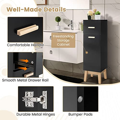 Tangkula Narrow Bathroom Storage Cabinet, Side Cabinet with Adjustable Shelves, Drawer and Pine Wood Legs, Small Bathroom Cabinet for Living Room Hallway (Black)