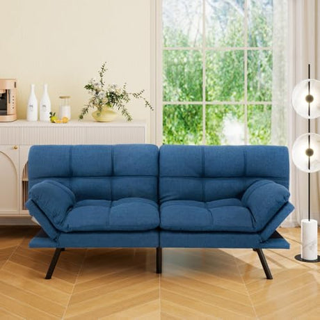 Vipbear 71" Futon Sofa Bed - Convertible Sofa Beds/Adjustable Backrest & Armrest, Comfy Loveseat Sleeper for Small Spaces, Apartments & Offices,Linen Fabric Blue Futons Vipbear