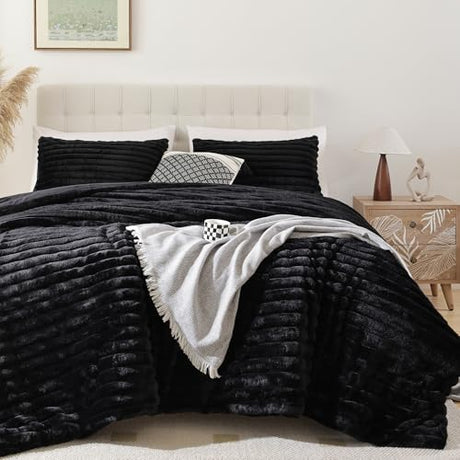 Smoofy Fluffy King Size Comforter Set 3 Pieces - Black Fleece Fluffy Comforter Set, Luxury Fuzzy King Bedding Set, Soft King Bed Set All Season, Heavy Faux Fur Comforter with 2 Pillow Cases Smoofy