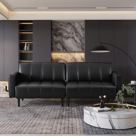 hausway 83”Faux Leather Futon Couch,Mid Century Modern Convertible Leather Sofa with Adjustable Backrest,Storage Pocket,Wooden&Steel Frame for Office,Living Room,Space-Saving,Black hausway