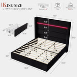 Jocisland King Size Corduroy Upholstered Bed Frame with 4 Storage Drawers & 51.2" Tall Wingback Headboard, LED Bed with Charging Station, No Box Spring Needed, Dark Jocisland