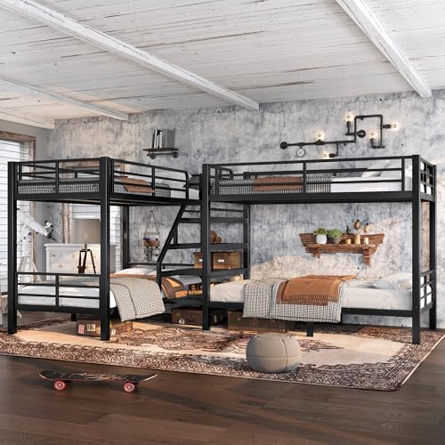 Bellemave Metal Quad Bunk Bed with Stairs for 4, L-Shaped Twin Size Quad Bunk Bed Frame,Heavy Duty Bunk Beds for Kids Teens Adults,Black Bellemave