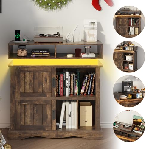 St.Mandyu Record Player Stand with Sliding Doors, 15.7" D x 39.4" W x 40" H Record Storage Cabinet with Charging Station Holds Up to 450 Albums, Vinyl Display Shelf for Living Room, Brown St.Mandyu
