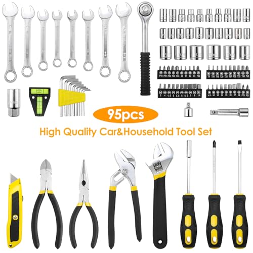 TLGREEN 95 Piece Tool Set, Tool Kit, Mechanics Tool Set, Portable Toolbox with Adjustable Wrench Pliers Socket Bits, with Plastic Toolbox Storage Case, for House Apartment Garage (Yellow) TLGREEN