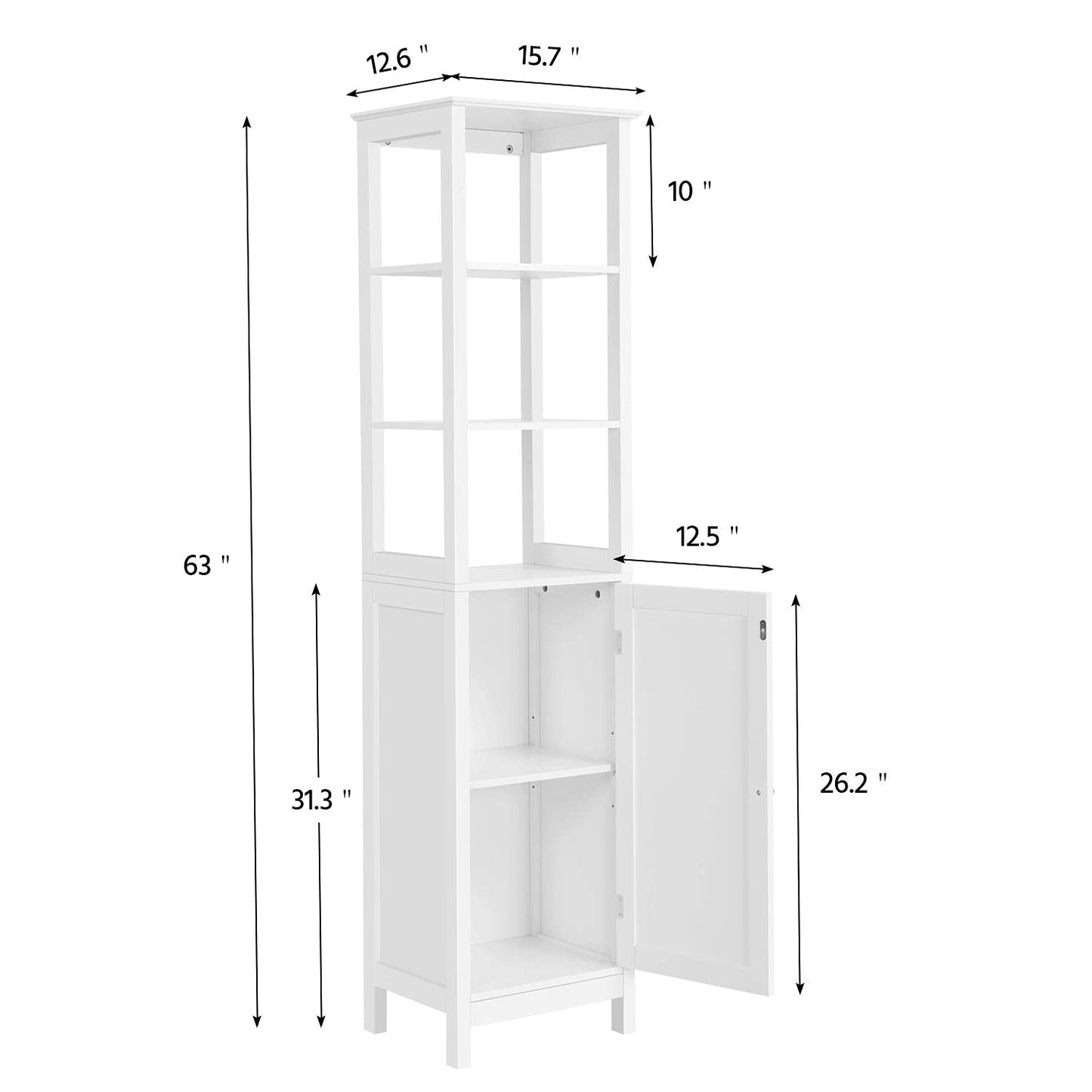 Yaheetech Bathroom Floor Cabinet, Wooden Tall Freestanding Cabinet with 3 Tier Shelves and Door Organizer, Elegant Linen Tower Rack Stand for Living Room, 63 in Height, White