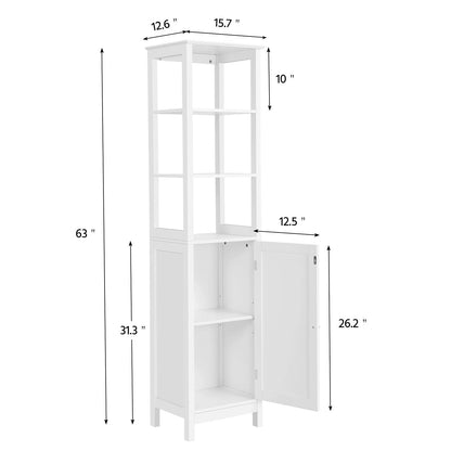 Yaheetech Bathroom Floor Cabinet, Wooden Tall Freestanding Cabinet with 3 Tier Shelves and Door Organizer, Elegant Linen Tower Rack Stand for Living Room, 63 in Height, White