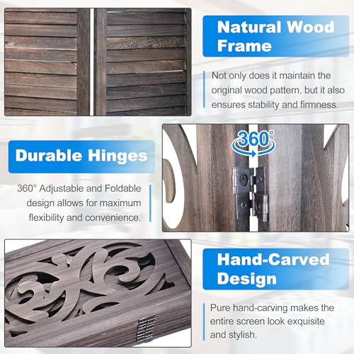 Grungis 8 Panel Room Divider 5.6FT Wood Carved Room Dividers, Folding Privacy Screens Portable Freestanding Partition Wall Dividers for Bedroom, Office, Rustic Brown Grungis
