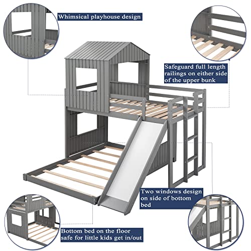 Harper & Bright Designs House Bunk Beds Twin Over Full Size, Wood Bunk Beds with Roof and Window (Grey, Twin Over Full (with Slide)) Harper & Bright Designs