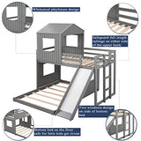 Harper & Bright Designs House Bunk Beds Twin Over Full Size, Wood Bunk Beds with Roof and Window (Grey, Twin Over Full (with Slide)) Harper & Bright Designs