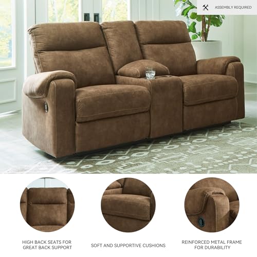 Signature Design by Ashley Edenwold Contemporary Faux Leather Manual Reclining Loveseat with Console, Storage and Cup Holders, Dark Brown Signature Design by Ashley