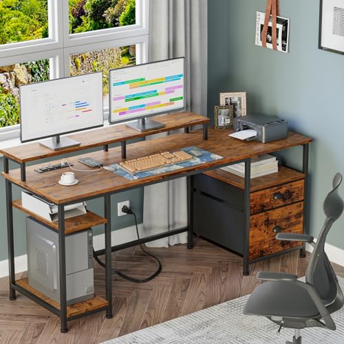 Furologee 61" Computer Desk with Power Outlet and USB Ports, Large Desk with Shelves and Drawer, Writing Study Desk with Fabric File Cabinet and Long Monitor Stand, Gaming Desk for Home Offic - WoodArtSupply