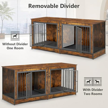 Rovibek 75" Dog Crate Furniture for 2 Dogs, Wooden Extra Large Double Dog Cage Furniture, Decorative Dog Kennels with Double Doors, Indoor Dog Crate TV Stand for Large Dogs, Brown Rovibek