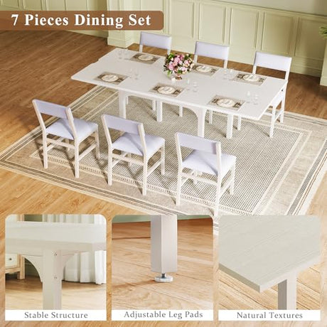 7-Piece Dining Table Set for 4-6, Extendable Kitchen Table Cushion Chairs Set of 6 with 6 Chairs, Rectangle Dining Table with Metal Frame & MDF Board, Folding for Small Apartment Saving Space, White HUAHUU