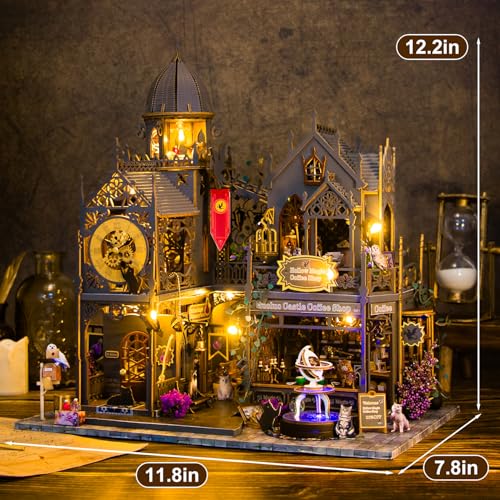 Mostop DIY Miniature House Kit: 3D Wooden Puzzle for Adults Miniature Kit, Magic Castle Tiny Model Dollhouse Kit with LED Light, Mini House Building for Adults & Teens, Creative Crafts for Women