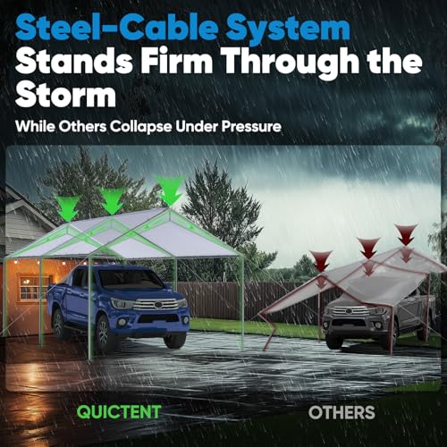 Quictent 10x20 ft Heavy Duty Car Canopy Galvanized Frame Carport Outdoor Party Tent Boat Shelter with 3 Reinforced Steel Cables - White Quictent